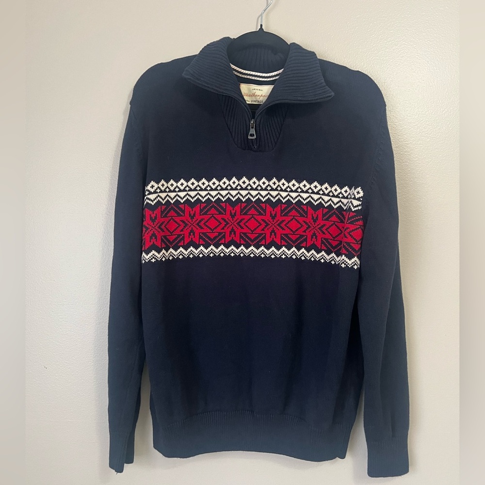 Weatherproof Blue and Red Zip Up Sweater with Nordic Pattern